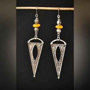 Antique Silver and Yellow glass Geometric Dangle Earrings